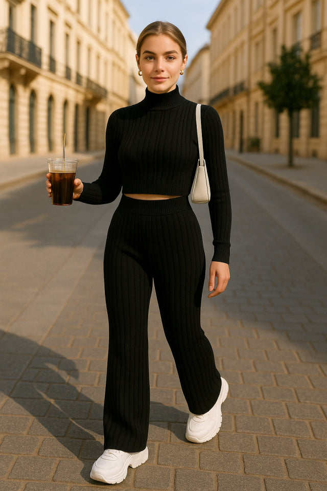 Kadın Uzun Kollu Balıkçı Yaka Krop Ve Pantolon şardonlu Kaşkorse Ikili Takım