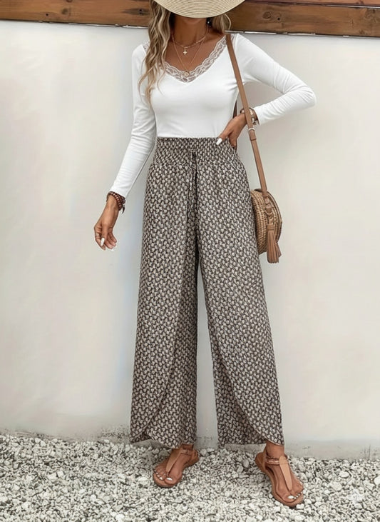 Kadın Yüksek Bel Lastikli önden Iki Parçalı Desenli Bürümcük Pantolon