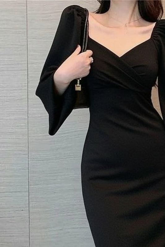 Kadın Uzun Kollu Kalp Yakalı Midi Ithal Krep Elbise