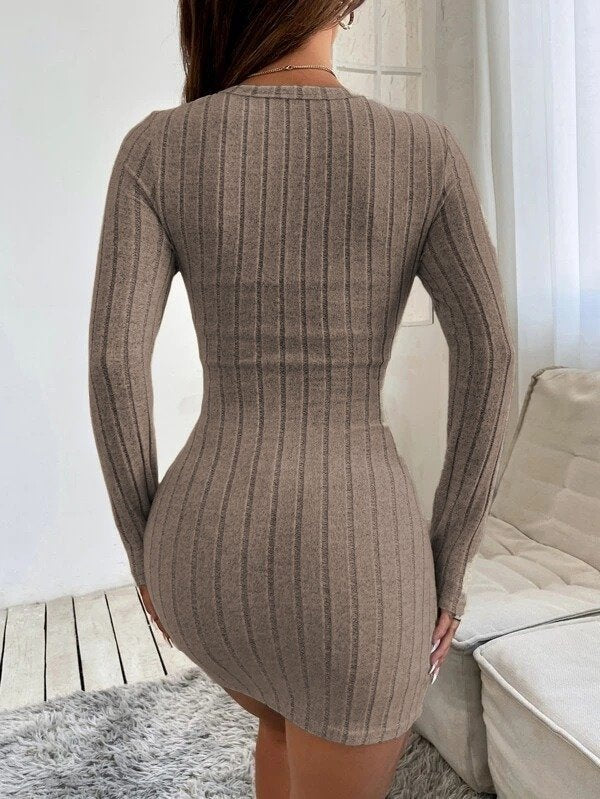 Kadın Uzun Kollu Bisiklet Yaka şardonlu Kalın Fitilli Kaşkorse Mini Boy Elbise