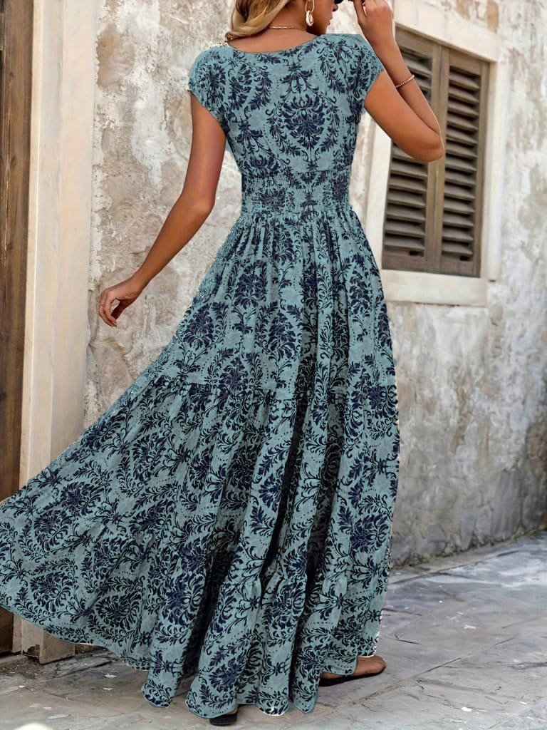 Kadın Kısa Kollu Kruvaze Yaka Beli Lastikli Süprem Maksi Boy Elbise