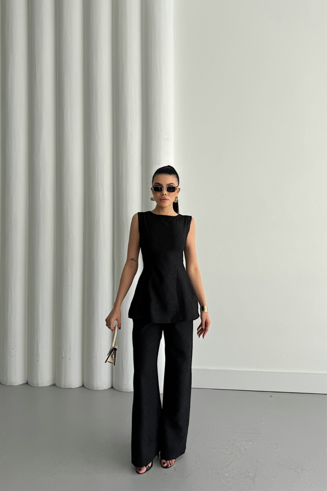 JAKAR KETEN KOLSUZ BLUZ-PANTOLON TK - Siyah