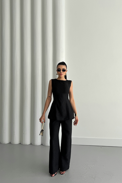 JAKAR KETEN KOLSUZ BLUZ-PANTOLON TK - Siyah