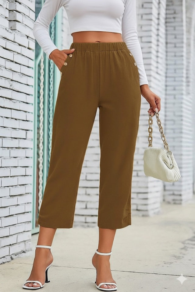 Kadın Beli Lastikli Düğme Ve Cep Detaylı Kapri Ithal Keten Pantolon