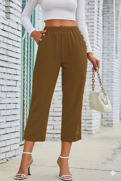 Kadın Beli Lastikli Düğme Ve Cep Detaylı Kapri Ithal Keten Pantolon