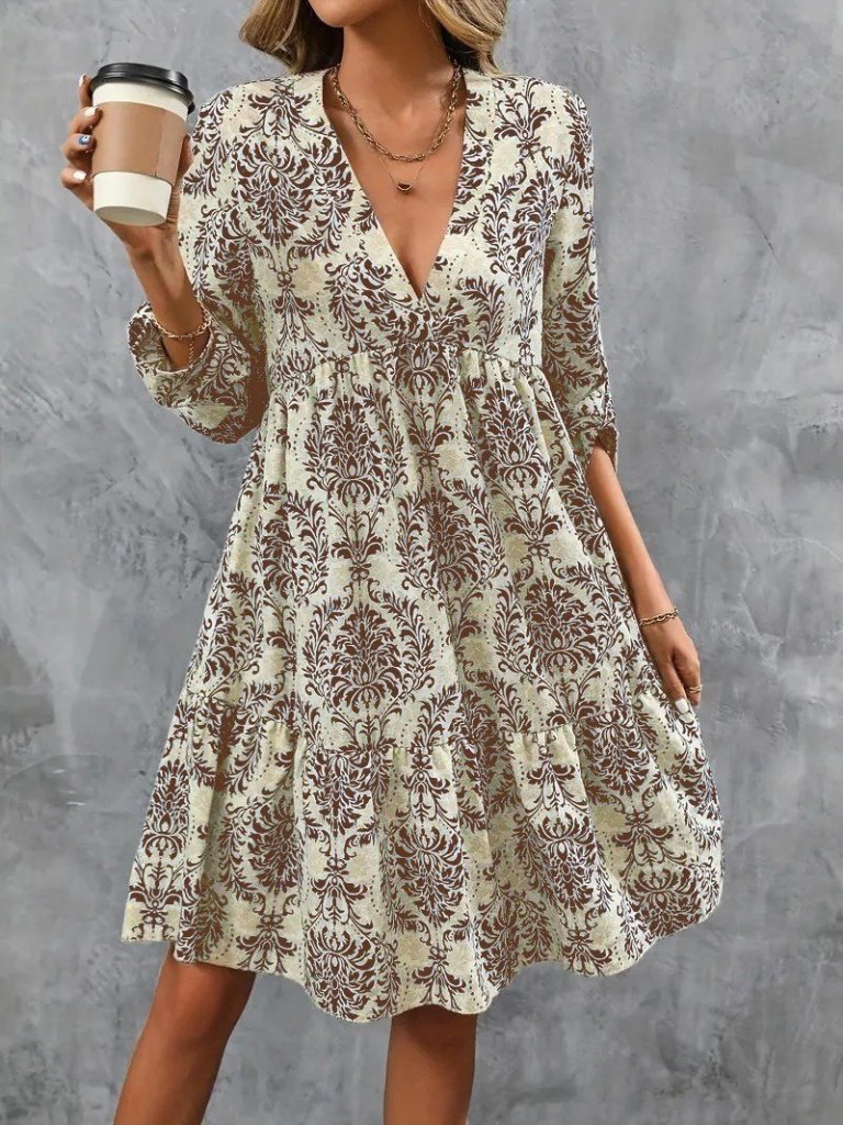 Kadın Uzun Kollu V Yakalı Fırfırlı Mini Süprem Elbise