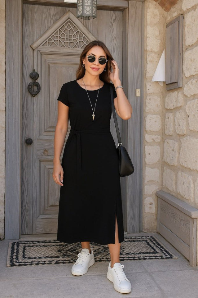 Kadın Kısa Kollu Yuvarlak Yaka Belden Bağcıklı önden Yırtmaçlı Aerobin Elbise