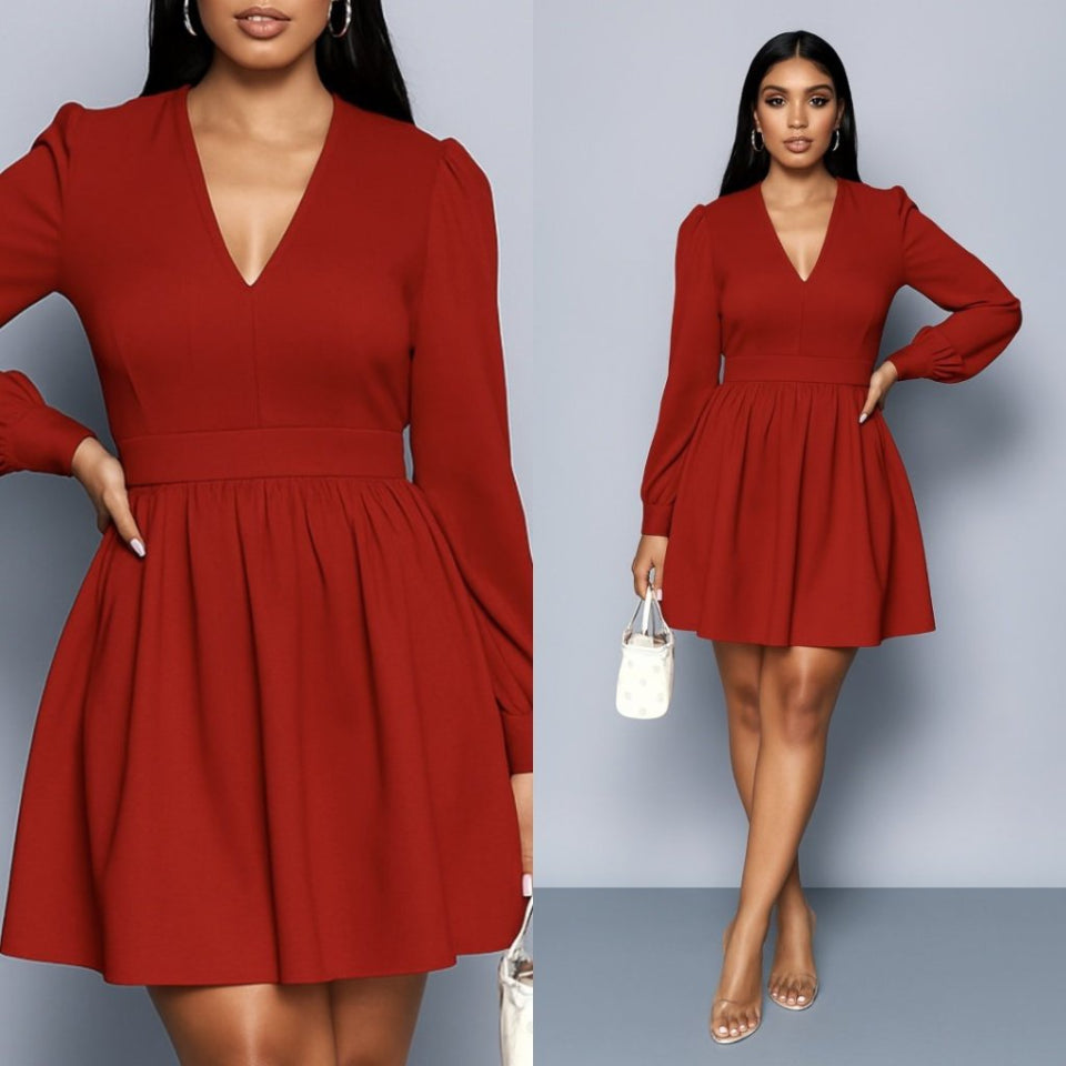 Kadın Uzun Kollu V Yaka Belden Hafif Pileli Scuba Krep Mini Boy Elbise