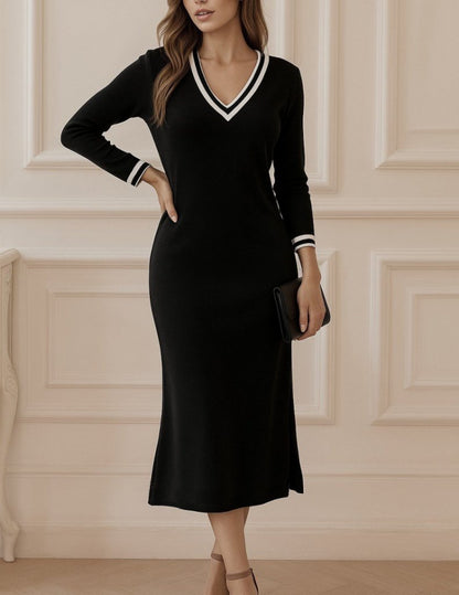 Kadın Uzun Kollu V Ribana Yakalı Yanlardan Yırtmaçlı Midi Viskon Iki Iplik Elbise