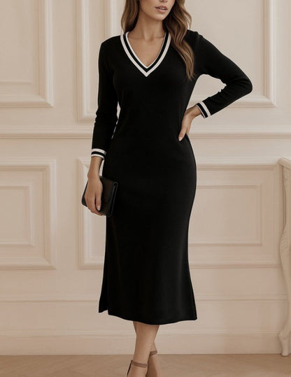 Kadın Uzun Kollu V Ribana Yakalı Yanlardan Yırtmaçlı Midi Viskon Iki Iplik Elbise