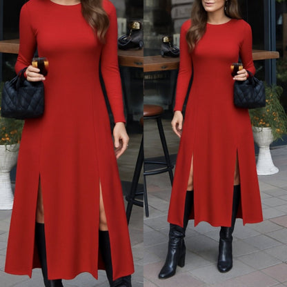 Kadın Uzun Kollu Hafif Kayık Yaka Sırt Dekolteli Yırtmaç Detaylı Viskon Tam Boy Elbise