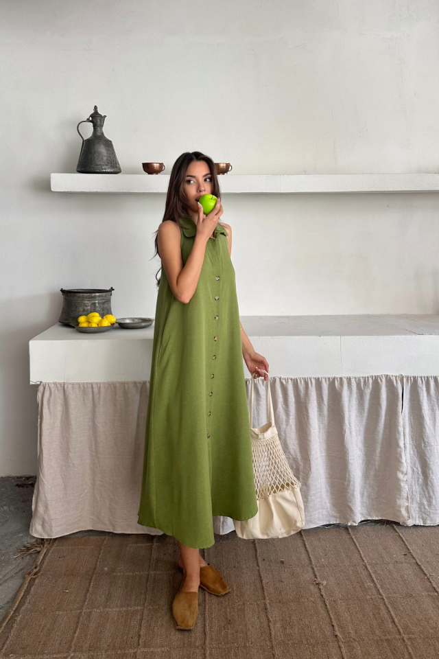 KETEN ÖNDEN DÜĞMELİ KOLSUZ GÖMLEK YAKA ELBİSE - Yağ Yeşili
