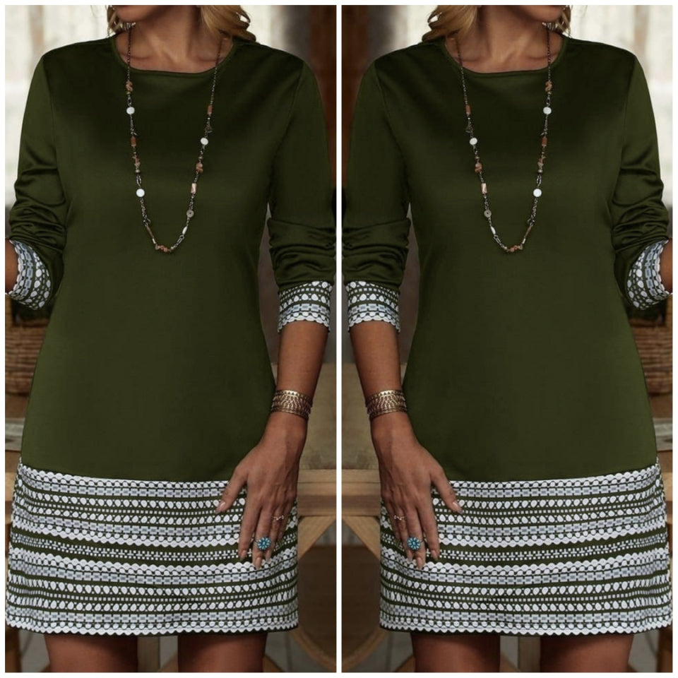 Kadın Uzun Kollu Bisiklet Yaka Kol Ağzı Ve Etek Ucu Baskılı Iki Iplik Elbise