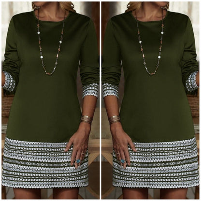 Kadın Uzun Kollu Bisiklet Yaka Kol Ağzı Ve Etek Ucu Baskılı Iki Iplik Elbise