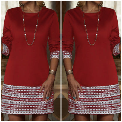 Kadın Uzun Kollu Bisiklet Yaka Kol Ağzı Ve Etek Ucu Baskılı Iki Iplik Elbise