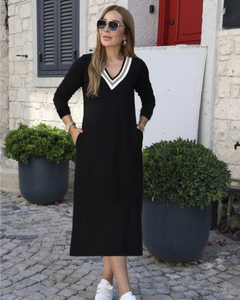 Kadın Uzun Kollu V şerit Yakalı Viskon Iki Iplik Elbise