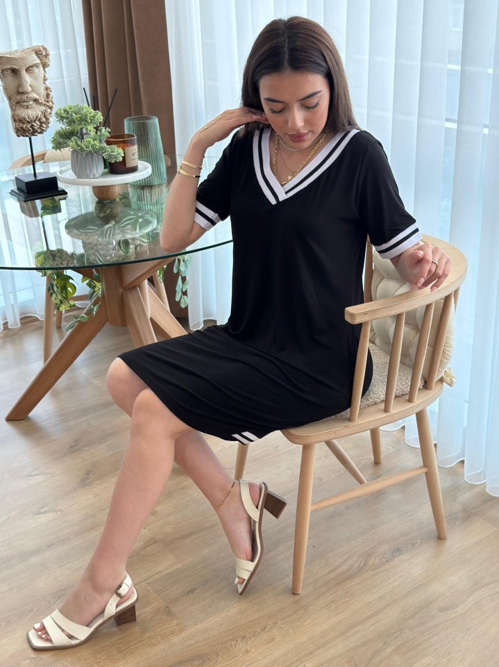 Kadın Kısa Kollu V Yaka Ribana Detaylı Cepli Dizüstü Viskon Elbise