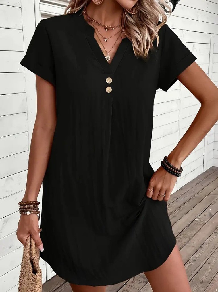 Kadın Kısa Kollu V Yakalı Düğmeli Müslim Kısa Elbise