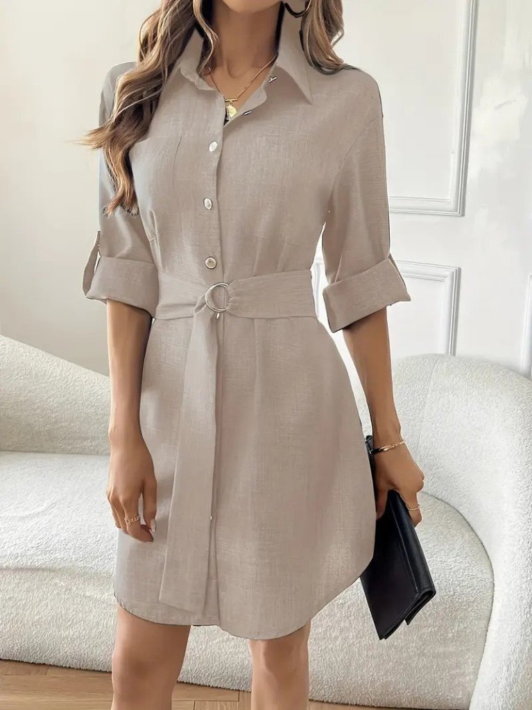 Kadın Uzun Kollu Yakalı önden Düğmeli Beli Kuşaklı Mini Ithal Keten Elbise