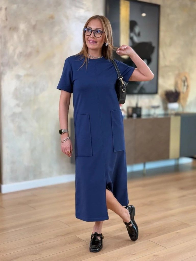 Kadın Kısa Kollu Bisiklet Yakalı Cepli önden Yırtmaçlı Viskon Iki Iplik Midi Elbise