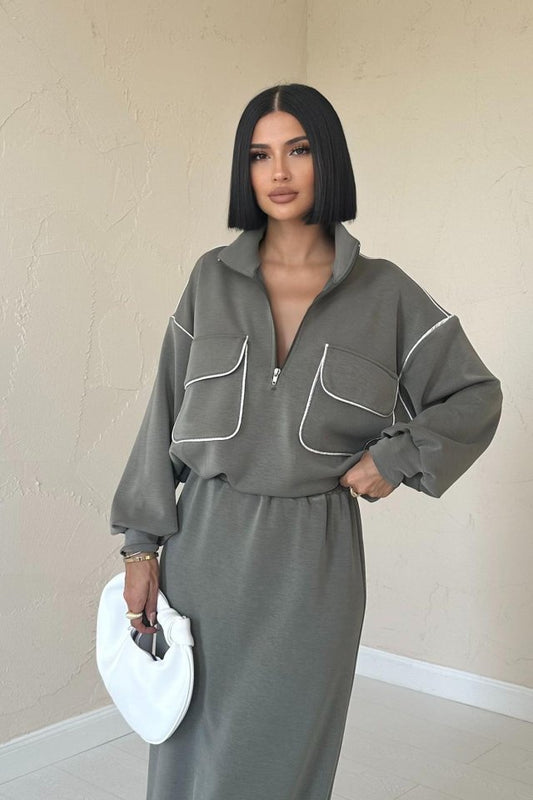 Haki Biyeli Sweatshirt Ve Etek Takım