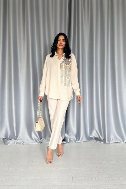 Krem Pulpayet Nakışlı Bedensiz Gömlek