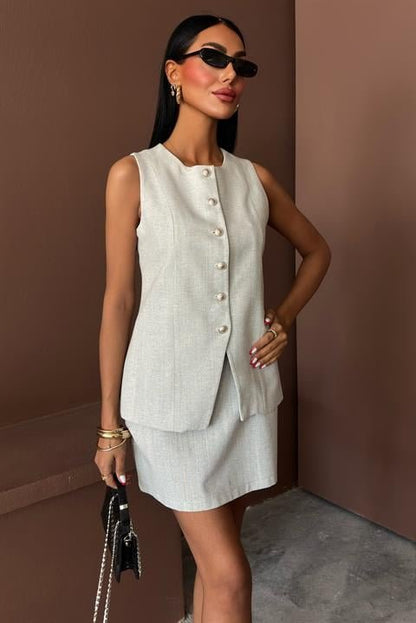 Uzun Yelek Mini Etek Flamlı Keten Takım 10148