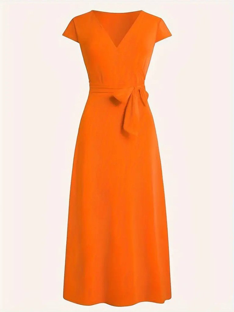 Kadın Kısa Kollu V Yakalı Belden Kuşaklı Maksi Boy Viskon Elbise