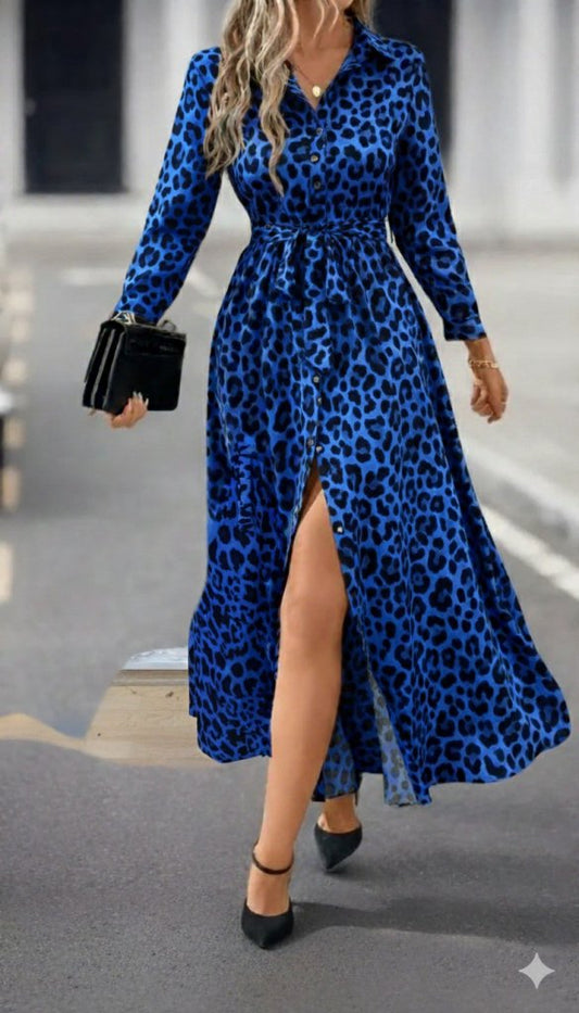 Kadın Uzun Kollu Yakalı Belden Kuşaklı Leopar Desenli Modal Uzun Elbise