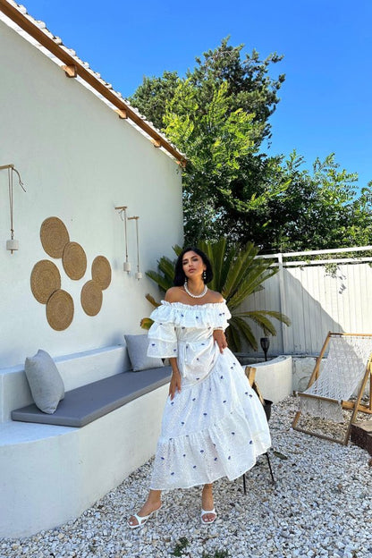 Lila Omuzları Lastikli Brode Elbise