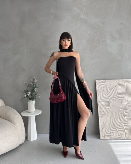 Kadınboğaz Kolsuz Maxi Boy Kalem Elbise