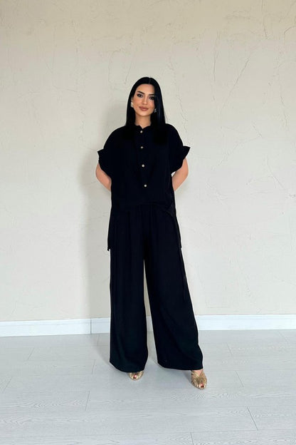 Siyah Önü Pileli İkili Keten Takım