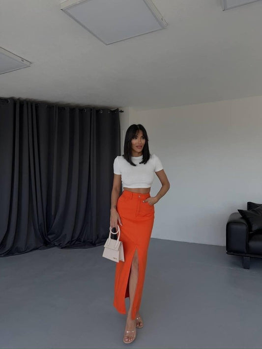 GABARDİN UZUN ÖNDEN YIRTMAÇLI ETEK - Turuncu