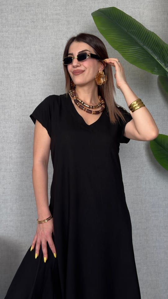 Kadın Kısa Kollu V Yaka Salaş Maxi Boy Elbise