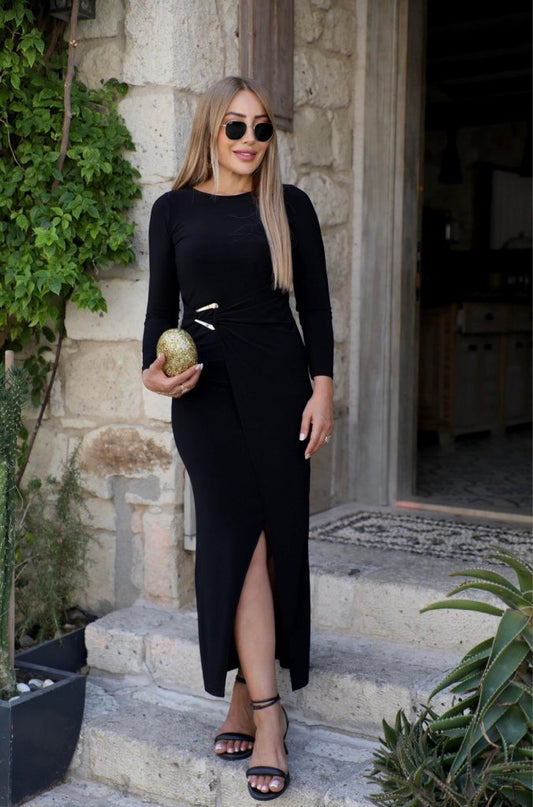 Kadın Uzun Kollu önden çapraz Detaylı Yandan Toka Detaylı Uzun Sandy Elbise