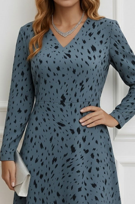 Kadın Uzun Kollu V Yakalı Desenli Kısa Keten Elbise