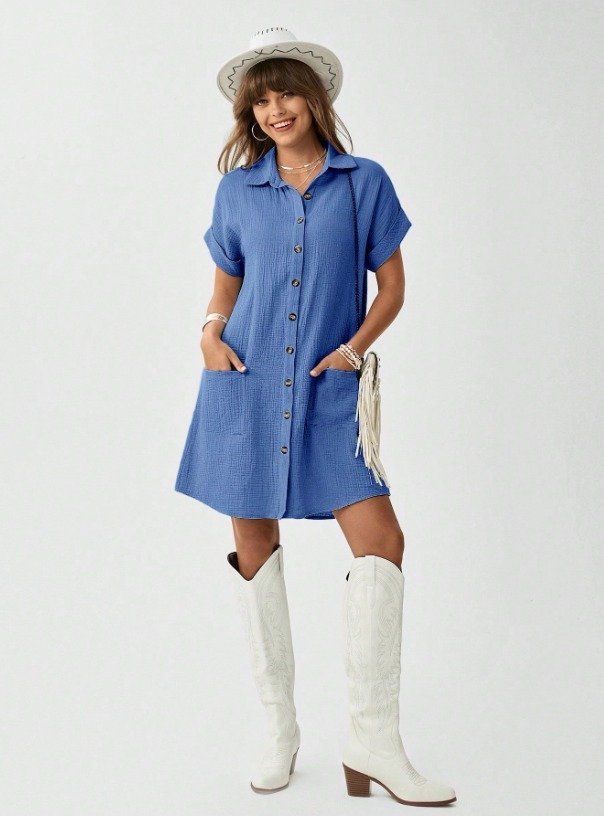 Kadın Cep Detay Müslin Kumaş Mini Gömlek Elbise