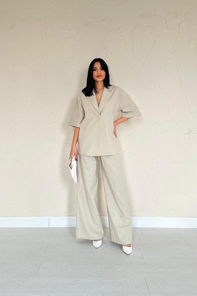 Bej Önü Tek Düğmeli Ceket Pantolon Takım