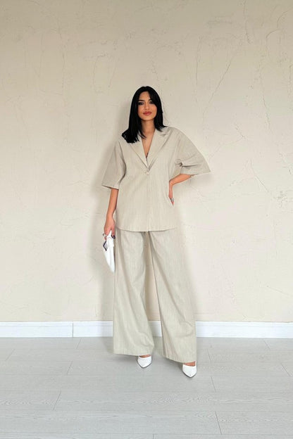 Bej Önü Tek Düğmeli Ceket Pantolon Takım