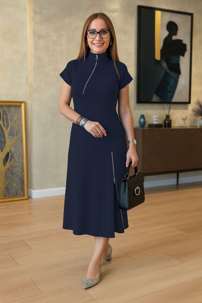 Kadın Kısa Kollu Yakadan Ve Etekten Fermuarlı Midi Viskon Iki Iplik Elbise