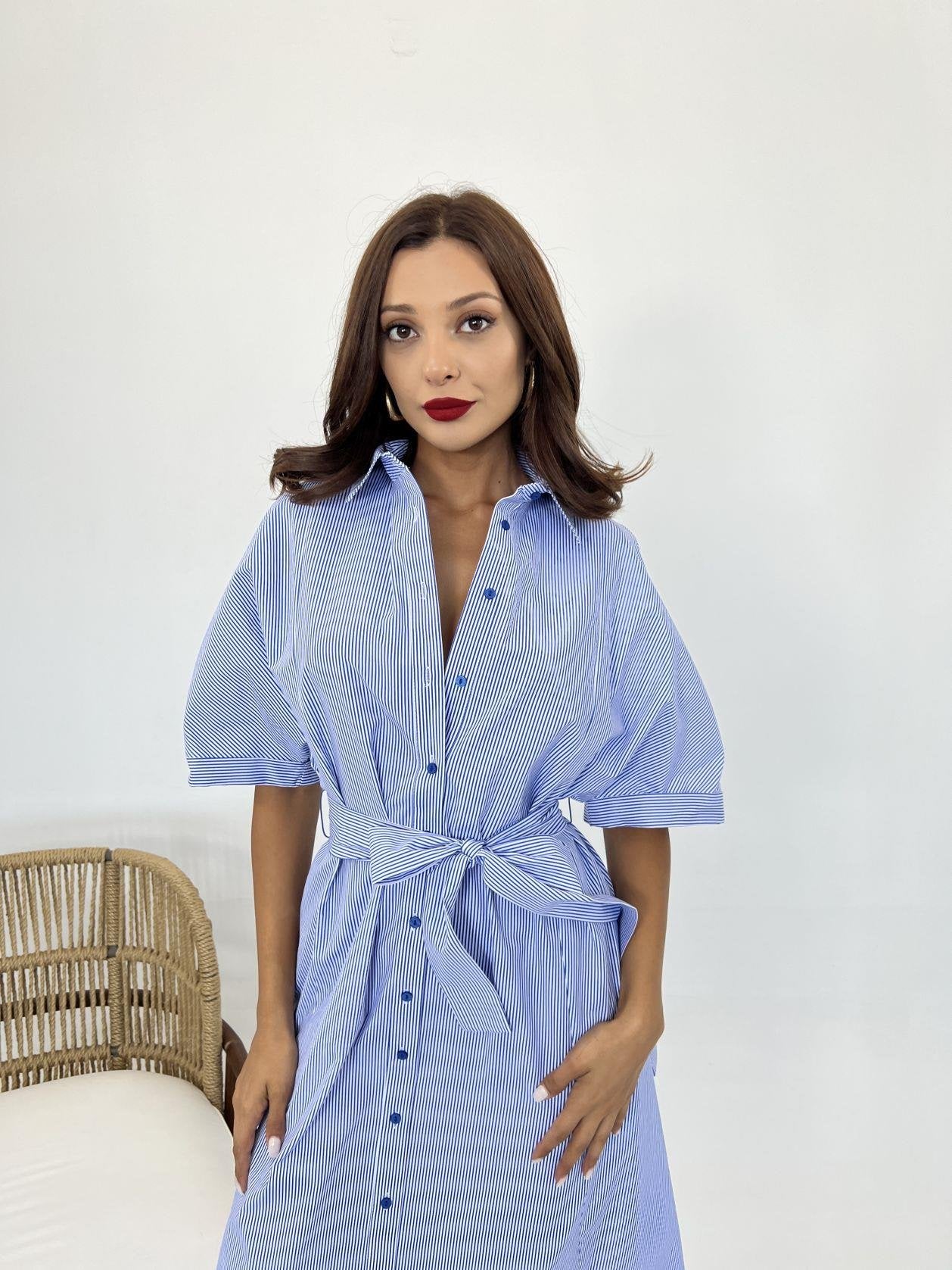 5318 ELBİSE-MAVİ BEYAZ ÇİZGİLİ