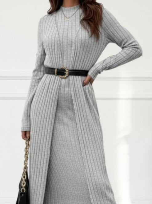 Kadın Uzun Kollu Yarı Balıkçı Yaka şardonlu Kaşkorse Elbise Ve Uzun Hırka Ikili Takım