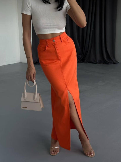 GABARDİN UZUN ÖNDEN YIRTMAÇLI ETEK - Turuncu