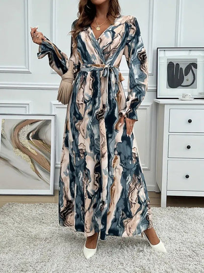 Kadın Uzun Kollu Kruvaze Yakalı Beli Kuşaklı Desenli Süprem Maxi Elbise