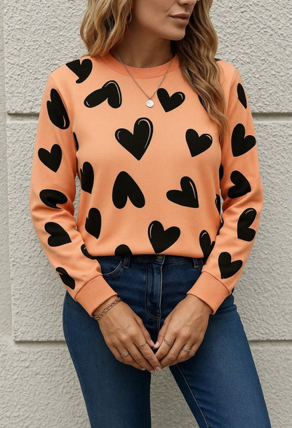 Kadın Uzun Kollu Bisiklet Yaka Kalp Desenli Iki Iplik Bluz