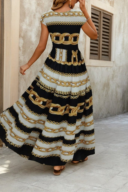 Kadın Kısa Kollu Kruvaze Yaka Beli Lastikli Süprem Maksi Boy Elbise