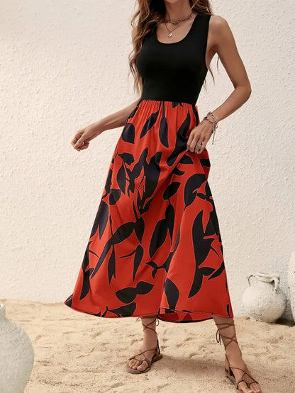 Kadın Askılı Yuvarlak Yaka üst Viskon Alt Desenli Uzun Süprem Elbise