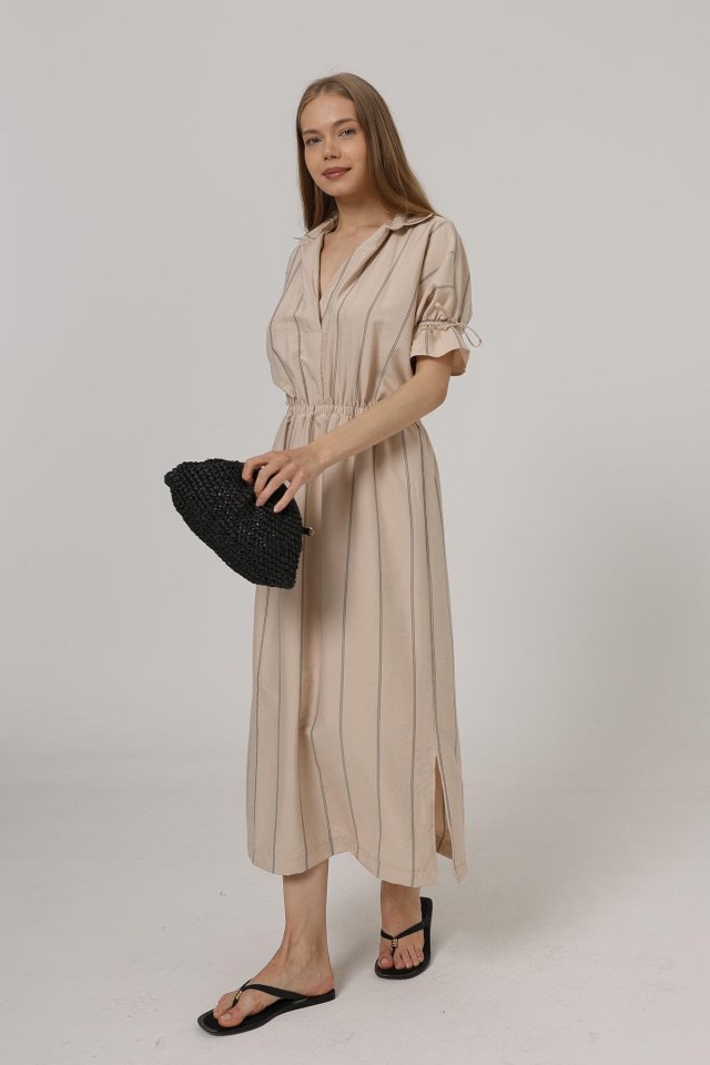 Beli Lastikli Elbise - Taş