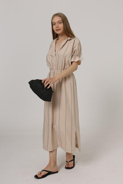 Beli Lastikli Elbise - Taş