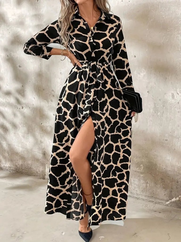 Kadın Uzun Kollu Yakalı önü Düğmeli Desenli Belden Kuşaklı Uzun Süprem Elbise